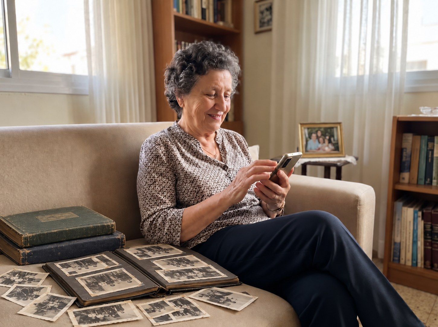 A woman in her seventies on her sofa, smiling at her phone.